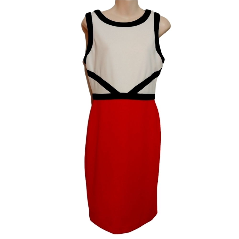Calvin Klein Cream and Red Colorblock Midi Dress with Black Trim
